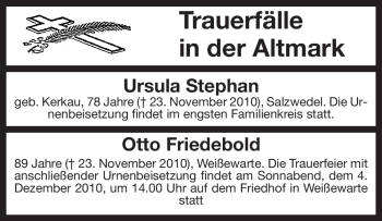 Traueranzeige von Ursula Stephan von ALLGEMEINE ZEITUNG UELZEN