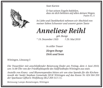 Traueranzeige von Anneliese Reihl von ALLGEMEINE ZEITUNG UELZEN