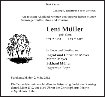 Traueranzeige von Leni Müller von ALLGEMEINE ZEITUNG UELZEN