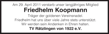 Traueranzeige von Friedhelm Koopmann von ALLGEMEINE ZEITUNG UELZEN