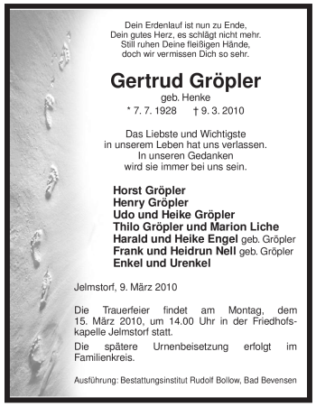 Traueranzeige von Gertrud Gröpler von ALLGEMEINE ZEITUNG UELZEN