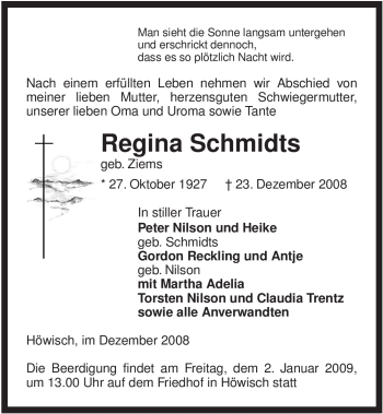 Traueranzeige von Regina Schmidts von ALLGEMEINE ZEITUNG UELZEN