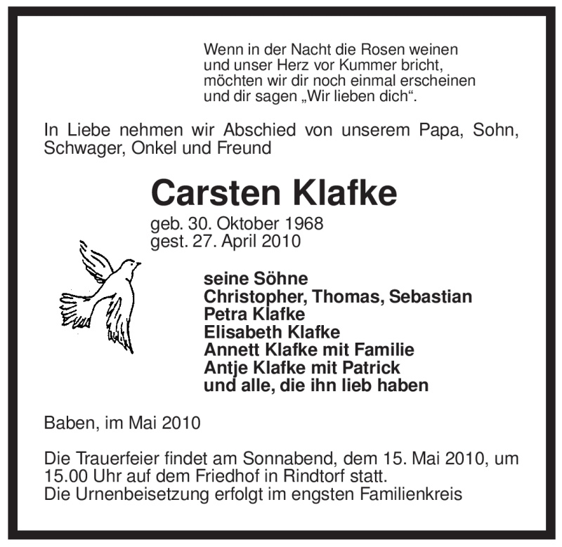  Traueranzeige für Carsten Klafke vom 07.05.2010 aus ALLGEMEINE ZEITUNG UELZEN