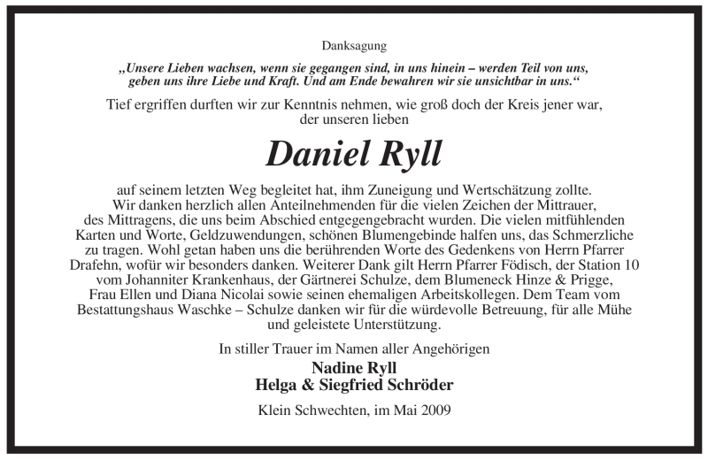  Traueranzeige für Daniel Ryll vom 26.05.2009 aus ALLGEMEINE ZEITUNG UELZEN