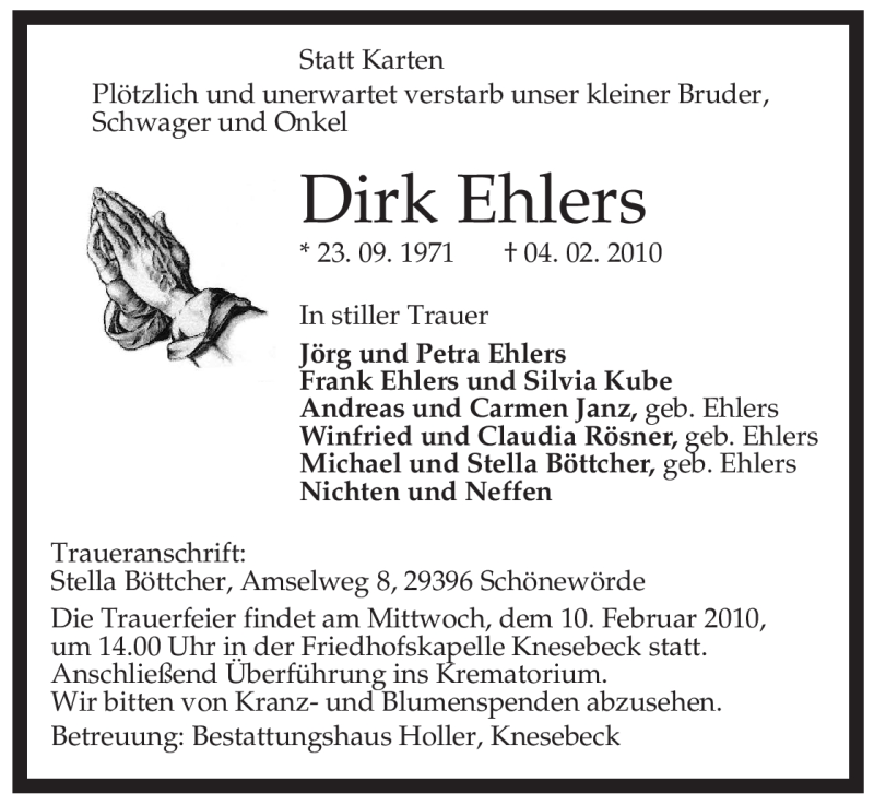  Traueranzeige für Dirk Ehlers vom 06.02.2010 aus ALLGEMEINE ZEITUNG UELZEN