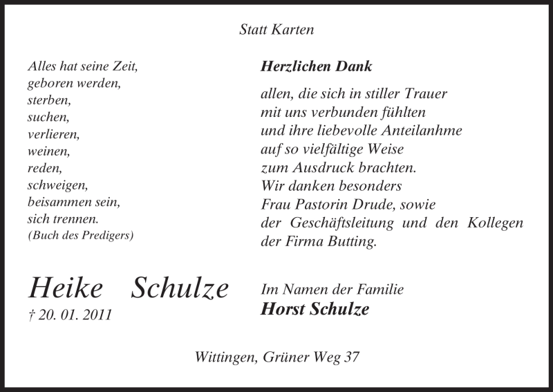  Traueranzeige für Heike Schulze vom 23.02.2011 aus ALLGEMEINE ZEITUNG UELZEN