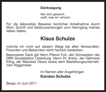 Traueranzeige von Klaus Schulze von ALLGEMEINE ZEITUNG UELZEN