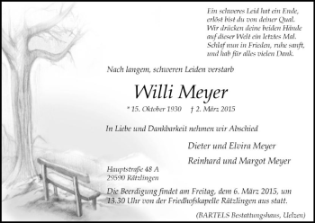 Traueranzeige von Willi Meyer von Uelzen