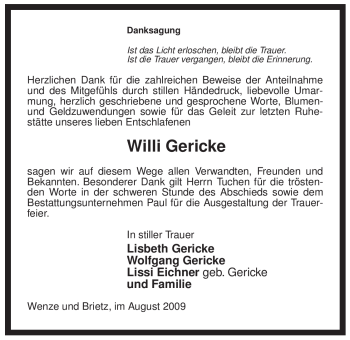 Traueranzeige von Willi Gericke von ALLGEMEINE ZEITUNG UELZEN