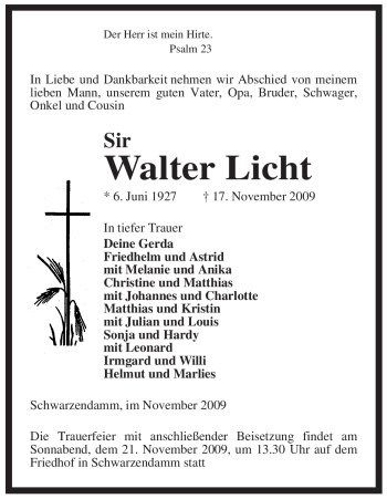 Traueranzeige von Walter Licht von ALLGEMEINE ZEITUNG UELZEN