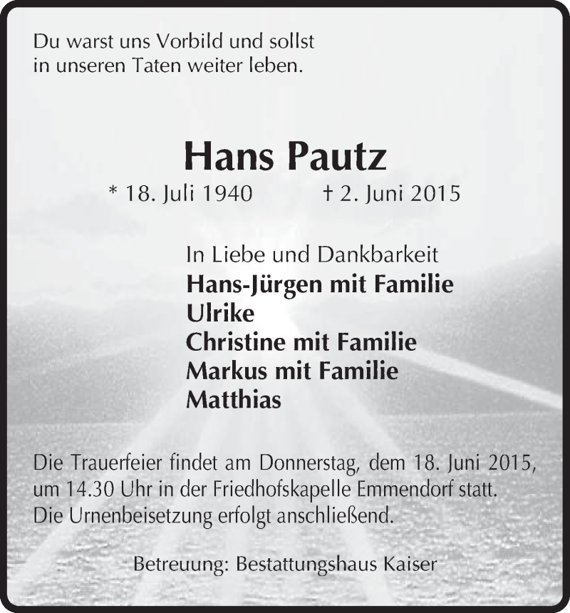  Traueranzeige für Hans Pautz vom 13.06.2015 aus Uelzen