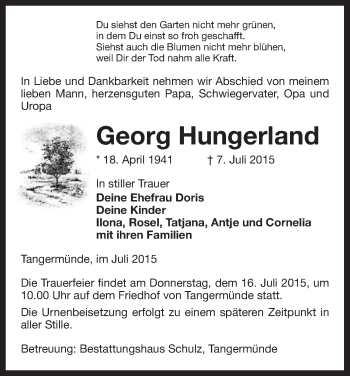 Traueranzeige von Georg Hungerland von Uelzen