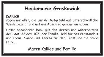 Traueranzeige von Heidemarie Greskowiak von ALLGEMEINE ZEITUNG UELZEN