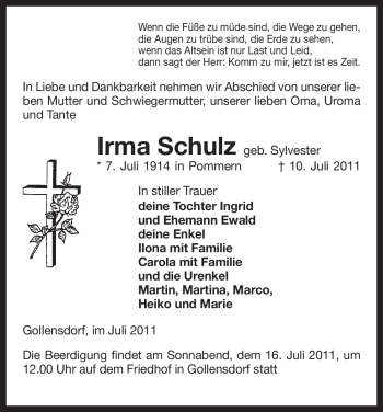 Traueranzeige von Irma Schulz von ALLGEMEINE ZEITUNG UELZEN