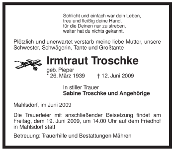 Traueranzeige von Irmtraut Troschke von ALLGEMEINE ZEITUNG UELZEN