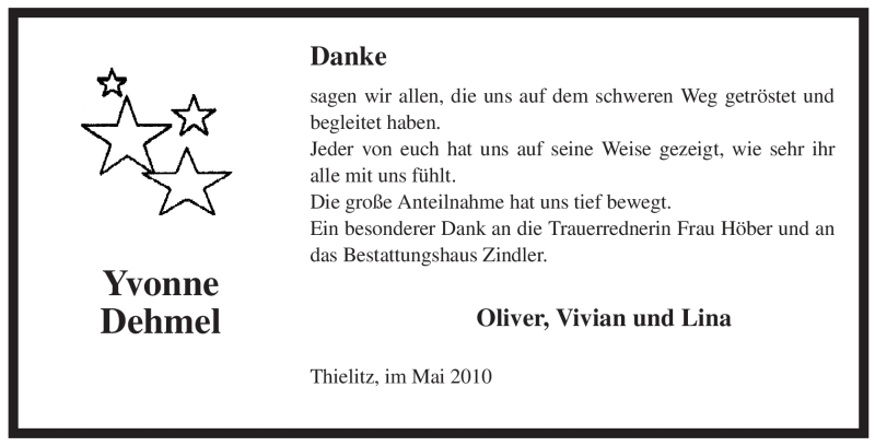  Traueranzeige für Yvonne Dehmel vom 08.05.2010 aus ALLGEMEINE ZEITUNG UELZEN