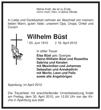 Traueranzeige von Wilhelm Büst von ALLGEMEINE ZEITUNG UELZEN