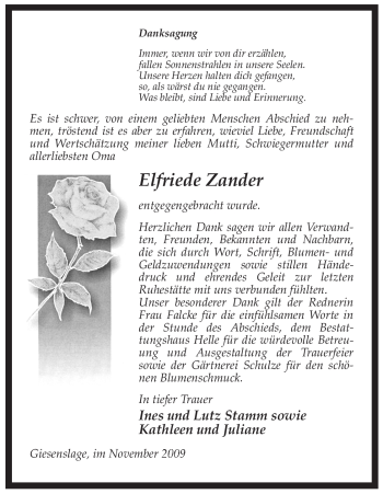 Traueranzeige von Elfriede Zander von ALLGEMEINE ZEITUNG UELZEN