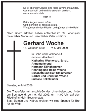 Traueranzeige von Gerhard Woche von ALLGEMEINE ZEITUNG UELZEN