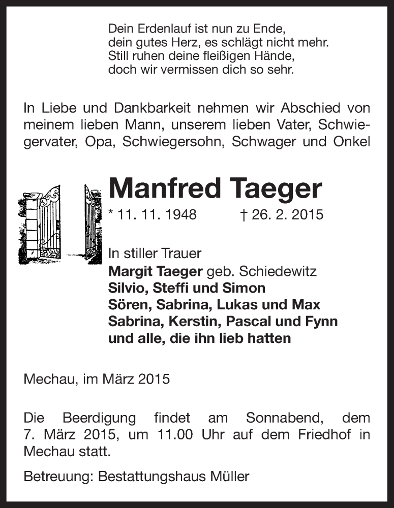  Traueranzeige für Manfred Taeger vom 03.03.2015 aus Uelzen