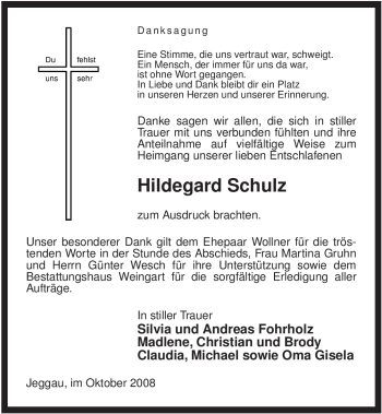 Traueranzeige von Hildegard Schulz von ALLGEMEINE ZEITUNG UELZEN