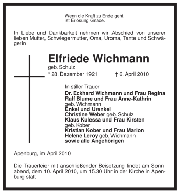 Traueranzeige von Elfriede Wichmann von ALLGEMEINE ZEITUNG UELZEN
