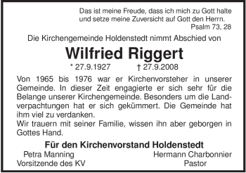 Traueranzeige von Wilfried Riggert von ALLGEMEINE ZEITUNG UELZEN