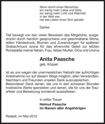 Traueranzeige von Anita Paasche von ALLGEMEINE ZEITUNG UELZEN