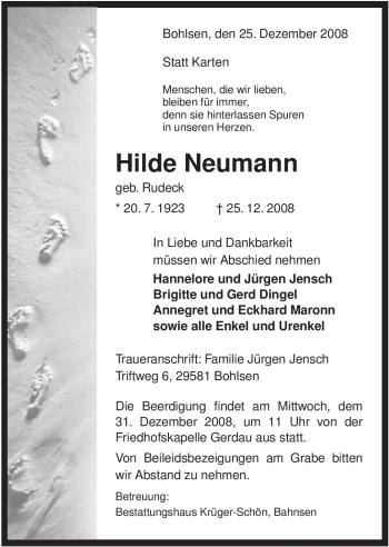 Traueranzeige von Hilde Neumann von ALLGEMEINE ZEITUNG UELZEN