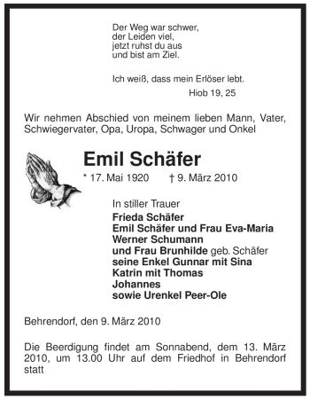 Traueranzeige von Emil Schäfer von ALLGEMEINE ZEITUNG UELZEN