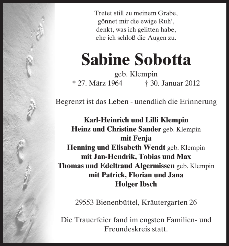  Traueranzeige für Sabine Sobotta vom 07.02.2012 aus ALLGEMEINE ZEITUNG UELZEN
