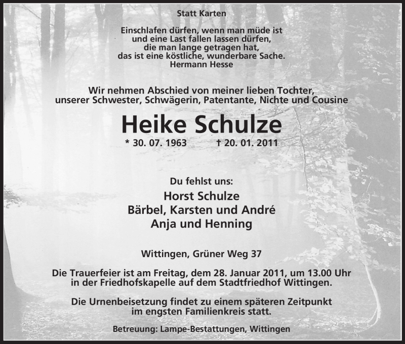  Traueranzeige für Heike Schulze vom 25.01.2011 aus ALLGEMEINE ZEITUNG UELZEN
