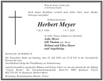 Traueranzeige von Herbert Meyer von ALLGEMEINE ZEITUNG UELZEN