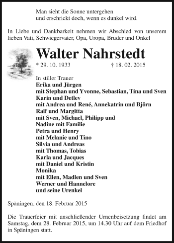 Traueranzeige von Walter Nahrstedt von Uelzen