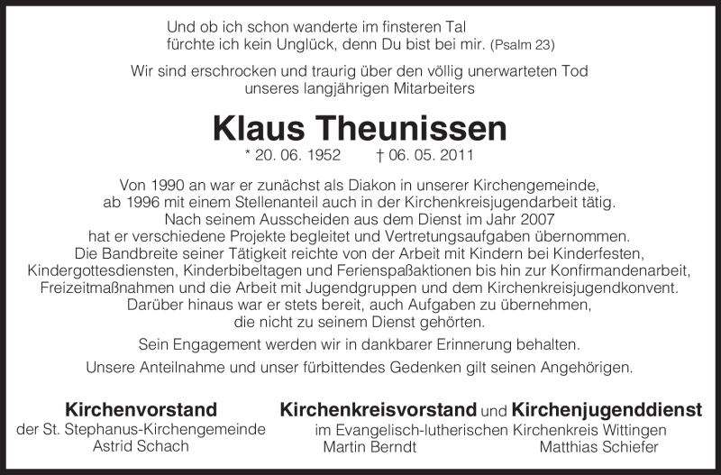  Traueranzeige für Klaus Theunissen vom 11.05.2011 aus ALLGEMEINE ZEITUNG UELZEN