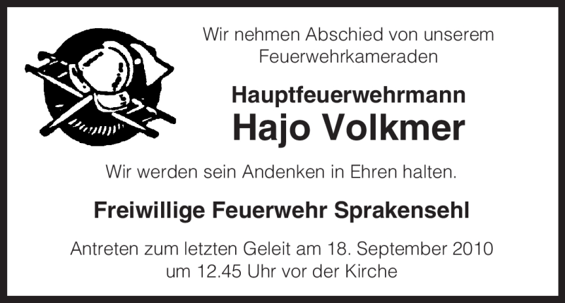  Traueranzeige für Hajo Volkmer vom 12.09.2010 aus ALLGEMEINE ZEITUNG UELZEN