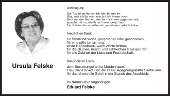 Traueranzeige von Ursula Felske von ALLGEMEINE ZEITUNG UELZEN
