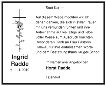 Traueranzeige von Ingrid Radde von ALLGEMEINE ZEITUNG UELZEN