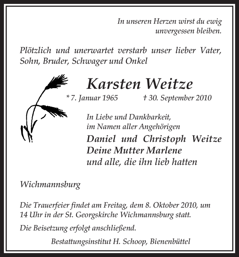 Traueranzeige für Karsten Weitze vom 05.10.2010 aus ALLGEMEINE ZEITUNG UELZEN