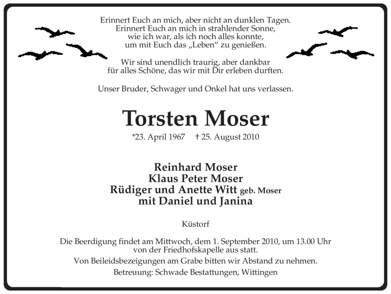 Traueranzeige für Torsten Moser vom 28.08.2010 aus ALLGEMEINE ZEITUNG UELZEN