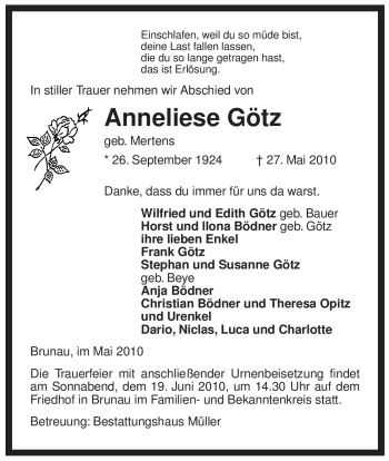 Traueranzeige von Anneliese Götz von ALLGEMEINE ZEITUNG UELZEN
