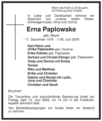 Traueranzeige von Erna Paplowske von ALLGEMEINE ZEITUNG UELZEN