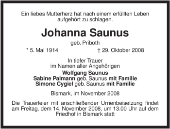 Traueranzeige von Johanna Saunus von ALLGEMEINE ZEITUNG UELZEN