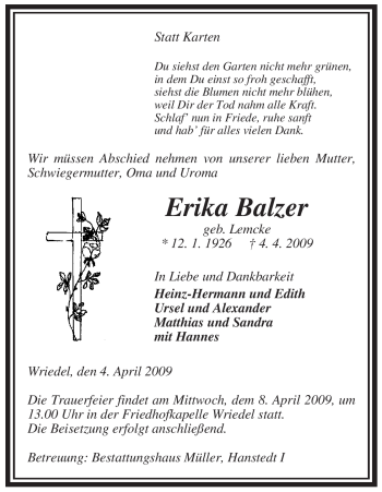 Traueranzeige von Erika Balzer von ALLGEMEINE ZEITUNG UELZEN