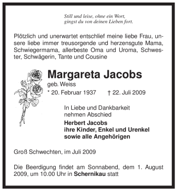 Traueranzeige von Margareta Jacobs von ALLGEMEINE ZEITUNG UELZEN