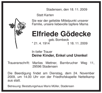 Traueranzeige von Elfriede Gödecke von ALLGEMEINE ZEITUNG UELZEN