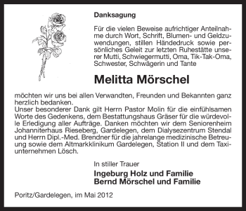 Traueranzeige von Melitta Mörschel von ALLGEMEINE ZEITUNG UELZEN