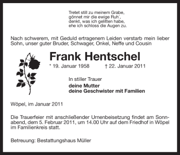 Traueranzeige von Frank Hentschel von ALLGEMEINE ZEITUNG UELZEN