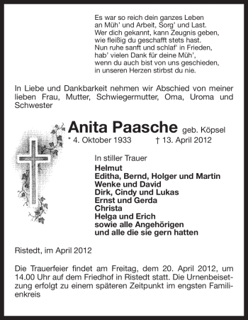 Traueranzeige von Anita Paasche von ALLGEMEINE ZEITUNG UELZEN