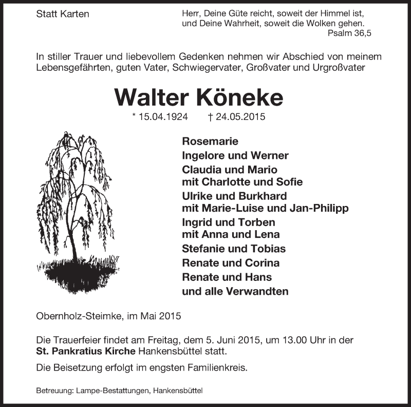  Traueranzeige für Walter Köneke vom 29.05.2015 aus Uelzen